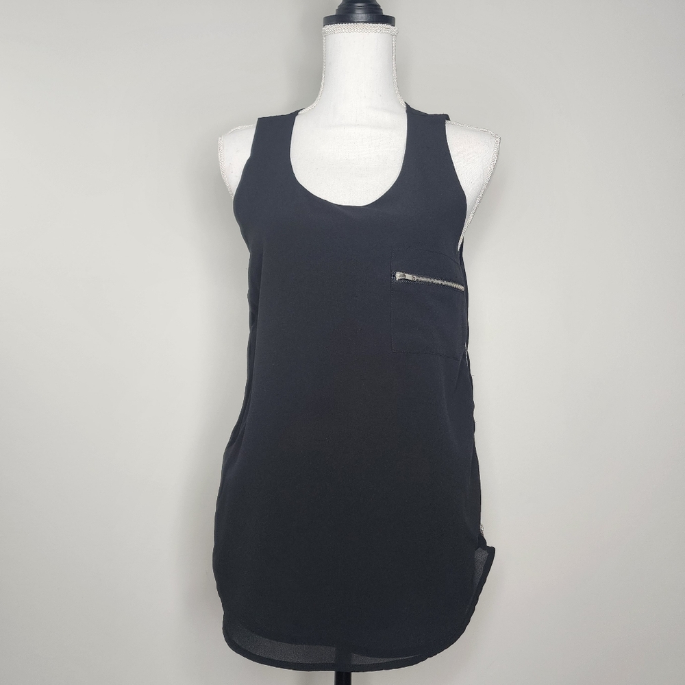 Paper Crane Chiffon High Low Black Sleeveless Top with Zipper Details Large